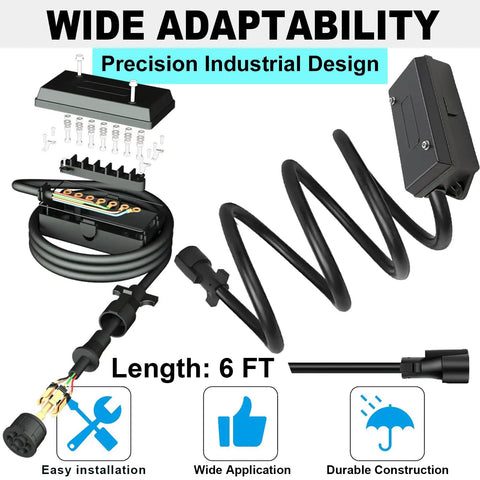 Beefy 7 Pin Trailer Wiring Harness Kit 6 Feet With Waterproof Junction Box showing black cord, connector, and junction box.
