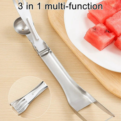 3 In 1 Watermelon Cutter Slicer Fork Tool in Stainless Steel next to sliced watermelon on plate