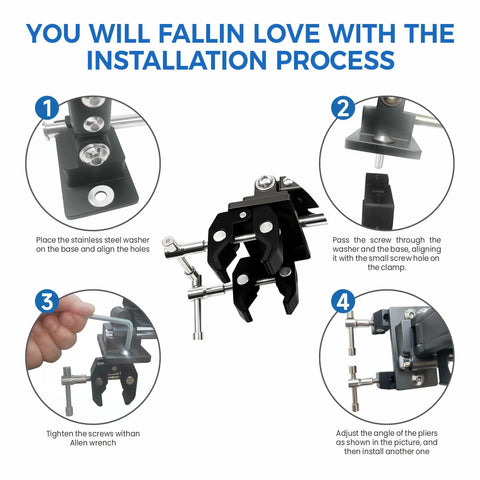 Installation guide for Heavy Duty RV Clothes Drying Rack With Four Telescoping Sections and heavy clamps.