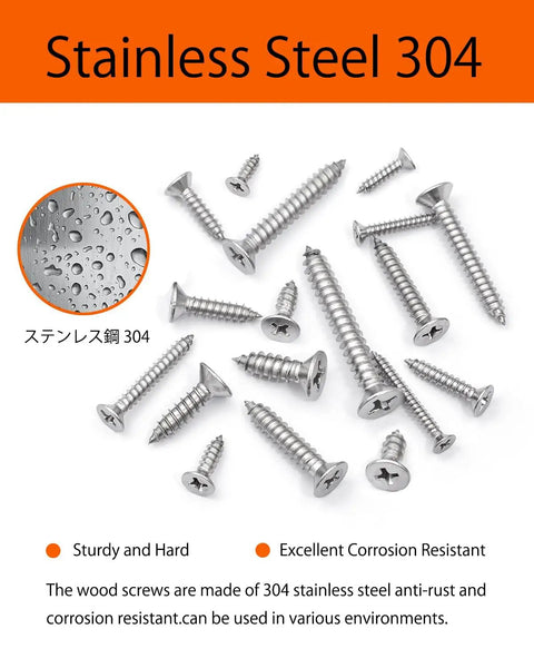 Straight Up Hella Durable 200 Pack Flat Head Self Tapping Stainless Steel Screws showing various sizes and types, corrosion resistant.