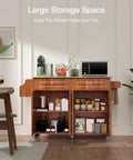 Drop Leaf Kitchen Island On Wheels With Two Drawers And Double Door Cabinets, Towel Rack And Spice Rack, Brown Finish open cabinets
