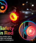 Kids LED Bike Light Set Front Headlight And Rear Tail Light Rechargeable for night riding, glowing red on bike frame