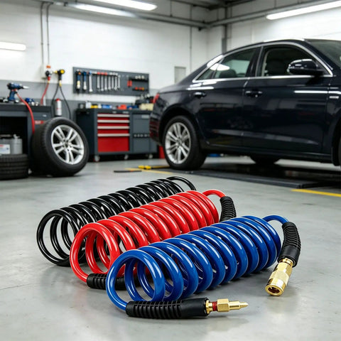 Top Shelf Recoil Air Compressor Hose Featuring Heavy Duty Pu Spring Design in red, blue, and black coiled for organized garage use.