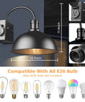 Close-up of Two Pack Outdoor Wall Sconces Gooseneck Barn Light Style Vintage Matte Black Exterior Lighting Fixture With Built In UL Outlet, illustrating dimensions and bulb compatibility.
