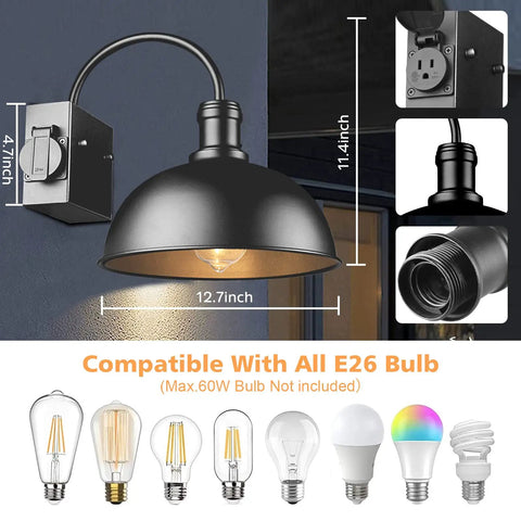 Close-up of Two Pack Outdoor Wall Sconces Gooseneck Barn Light Style Vintage Matte Black Exterior Lighting Fixture With Built In UL Outlet, illustrating dimensions and bulb compatibility.