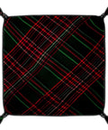 Slick Dark Green Tartan Valet Tray For Nightstand And Desk Go To Catch All Storage Dish For Keys Coins Watch Jewelry And Wallet Durable Microfiber Leather Organizer Pad, top view with plaid pattern.