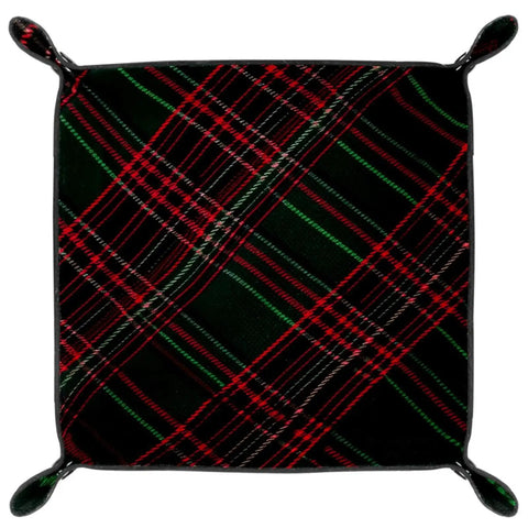 Straight Fire Dark Green Tartan Valet Tray For Nightstands And Desks Microfiber Leather Catch All Organizer with tartan design.