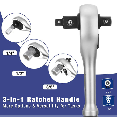 Close-up of 3-in-1 ratchet handle for 22 Piece Socket Set With Three In One Ratchet Handle Pro Grade One Quarter Inch Drive