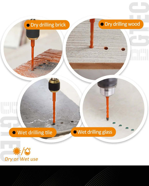 Amazon BGTEC four-blade drill bits set, 10 pcs, 3/16-1/2 in carbide; dry/wet drilling in brick, wood, tile, glass.