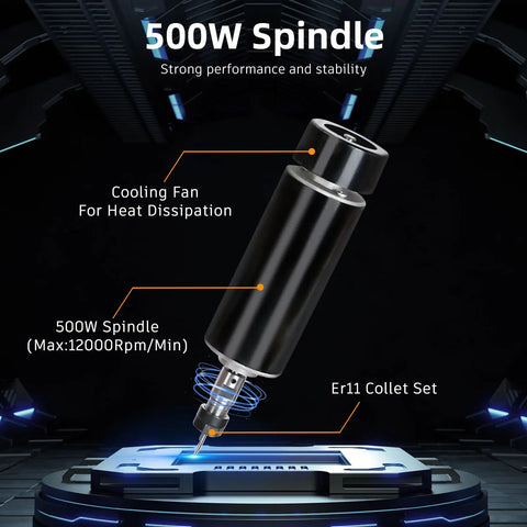 Ultra CNC Router Machine With 500W Spindle close-up showing cooling fan and ER11 collet set in dark industrial setting.