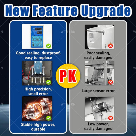 Product comparison image highlighting the Hitch Free Automatic Grain Dispenser With Massive Capacity Hopper features and upgrades.