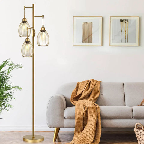 Dimmable Floor Lamp With Stepless Dimming From 0 To 100 Percent, Industrial Gold Tree Standing Lamp With 3 Teardrop Cage Heads And 800 Lumen LED Bulbs, The Go To Choice For Living Room, Bedroom, Office And Dining Room