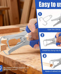 24 Piece Miter Spring Clamp Pliers Kit With Stainless Steel Clamps And Storage Ring, showing easy-use steps on wood.