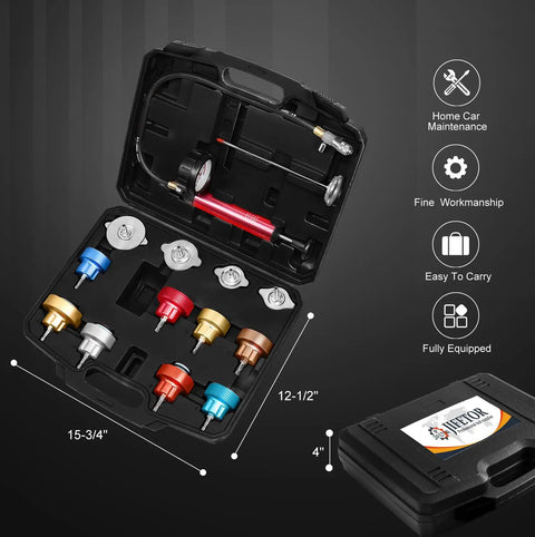 Cooling System Radiator Coolant Pressure Leak Tester Manual Hand Pump Gauge 14 Piece set in a portable black case.