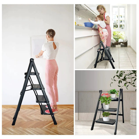 Woman using 3 Step Folding Ladder Step Stool With Wide Anti Slip Pedal Portable Sturdy Steel Frame Built To Last 200 Lbs Capacity