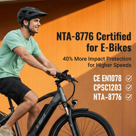 Man wearing EMTB Mountain Bike Helmet NTA8776 Certified With Triple Protection, Matte Black Medium on e-bike