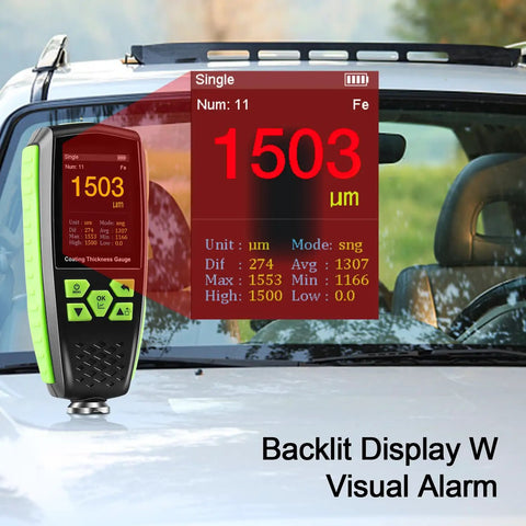 Digital Paint Thickness Gauge for Magnetic and Non Magnetic Substrates with Voice Readout and Color HD Display Pro Grade Car Coating Thickness Meter for Paint Varnish Enamel Chrome and Galvanized Coatings on white SUV hood