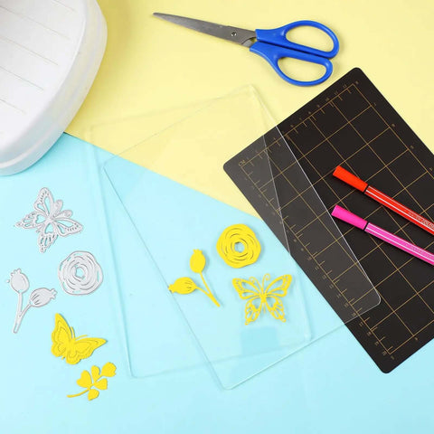 Must Have Die Cutting Magnetic Shim Mat Set 6x9 Inch with card size grids, two acrylic cutting plates next to dies and scissors.