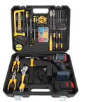 Built Different Cordless Drill And Screwdriver Kit With 25 Gear Torsion Electric Power Tool Set in a black case, organized with tools for DIY.