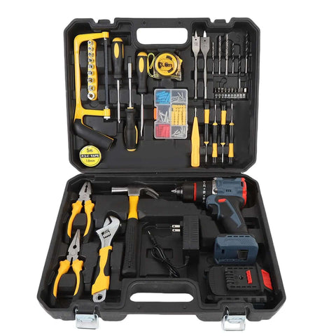 Heavy Duty Brushless Cordless Drill With Badass 45 Nm Torque And 25 Tight Settings packed with tools in a sturdy case.