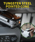 7 In 1 Detachable Multitool With D2 Steel Blade And Large Scissors showing tungsten steel pointed cone for glass rescue