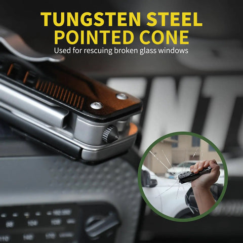 7 In 1 Detachable Multitool With D2 Steel Blade And Large Scissors showing tungsten steel pointed cone for glass rescue