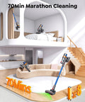 Front view of a cordless vacuum cleaner with blue wand and motorized floor head in a modern home.