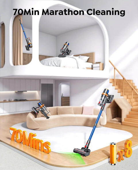 Front view of a cordless vacuum cleaner with blue wand and motorized floor head in a modern home.