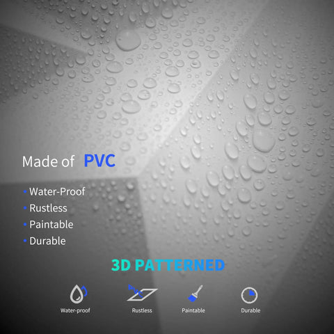 Close-up of 33 Pack 3D Diamond Wall Panels For Interior Decor, PVC texture with water droplets, waterproof and durable features highlighted.