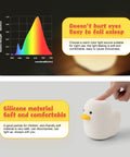 Cute Duck Night Light For Nursery And Bedroom with hand pressing touch sensor, showing silicone material and light spectrum chart.