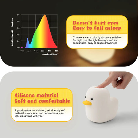 Cute Duck Night Light For Nursery And Bedroom with hand pressing touch sensor, showing silicone material and light spectrum chart.