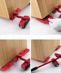 Heavy Duty Furniture Lifter And Mover Tool Set With Wheels and Sliders under cabinet, steel lever, ABS rollers visible.