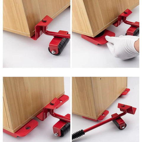Heavy Duty Furniture Lifter And Mover Tool Set With Wheels and Sliders under cabinet, steel lever, ABS rollers visible.
