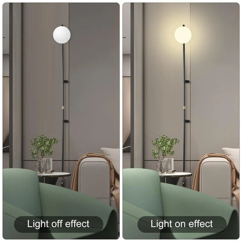 Plug In Wall Sconce With Globe Shade, Modern Indoor LED Wall Lamp for bedroom, showing light on and off effect in living room.