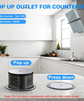 Kitchen scene with Pop Up Countertop Power Outlet With 20W USB C Fast Charge Hidden Recessed Socket Four AC Plugs And One USB A Port Top Qi Wireless Charger For Kitchen Four Point Seven Inch Built In Pop Up Outlet Black shown in open and closed positions
