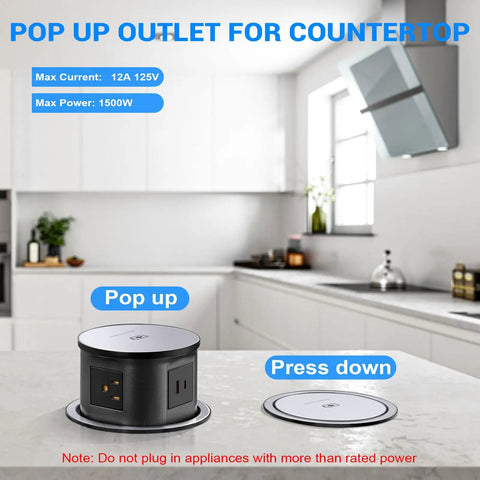 Kitchen scene with Pop Up Countertop Power Outlet With 20W USB C Fast Charge Hidden Recessed Socket Four AC Plugs And One USB A Port Top Qi Wireless Charger For Kitchen Four Point Seven Inch Built In Pop Up Outlet Black shown in open and closed positions