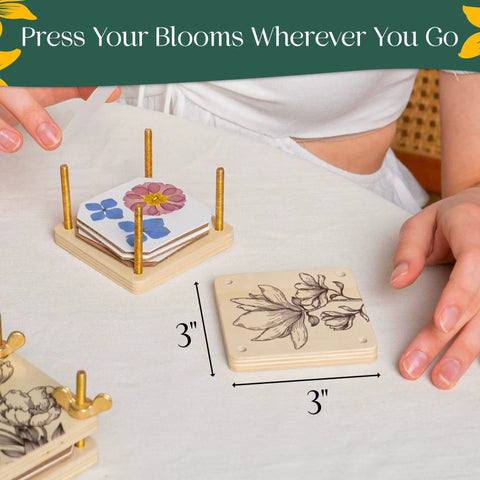 Person assembling Ultra Portable 3x3 Inch Flower Press Kit Two Pack for Adults with flower designs on top wood panel.