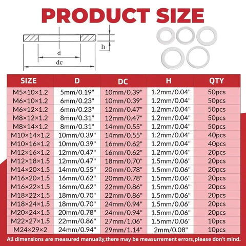 Automotive Metric Oil Drain Plug Gasket Crush Washer Set Aluminum Flat Washer Assortment Kit chart with sizes M5 to M24.