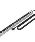 Beefy 16 Outlet Heavy Duty Power Strip With 15 Foot Extension Cord Metal Build Circuit Breaker Mounting Brackets Included Industrial Workshop Grade ETL Certified Black showing aluminum chassis and multiple outlets with long cord
