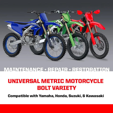 Three motorcycles in blue, green, and red under text featuring 53 Piece Mini Metric Bolt Kit For Motorcycles And ATVs With Nuts Washers And Tempered Bolts Durable Heavy Duty All In One Fastener Set In Compact Organizer Compatible With Honda Yamaha Kawasaki Suzuki.