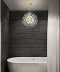 Lit Modern Gold Crystal Chandeliers With Firework Dandelion Sputnik Design above bathtub in stylish bathroom