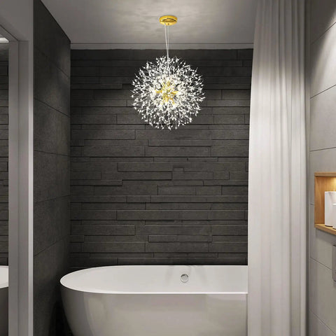 Lit Modern Gold Crystal Chandeliers With Firework Dandelion Sputnik Design above bathtub in stylish bathroom