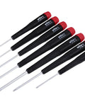 PicoFinish Mini Precision Screwdriver Set, 7-Piece Slotted And Phillips With Rotating Caps displayed in a row