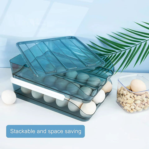 2 Layer Stackable Blue Egg Storage Box With Lid For Refrigerator Large Capacity 36 Count Egg Organizer In Clear Plastic Auto Rolling