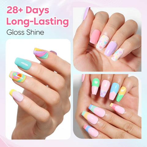 Pastel Gel Nail Polish Set 12pcs Vegan Cruelty Free Soak Off UV LED Cure Nail Art Kit with assorted pastel designs