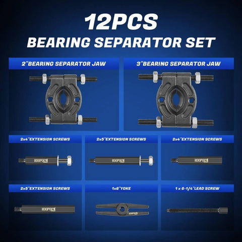 Image of 12 Piece Bearing Puller Set Workhorse Pro 5 Ton Capacity With 2 Inch And 3 Inch Bearing Separator Jaws for hub removal