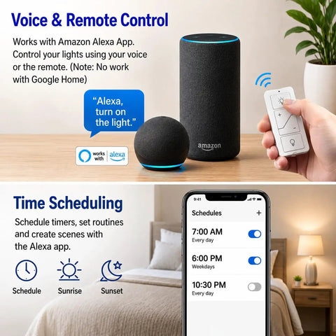 Smart Dimmer Switch With Wireless Remote And 3-Way Capability For Smooth Sailing Install Via Bluetooth Alexa Voice Control image showing remote, Alexa devices, and schedule setting on phone.