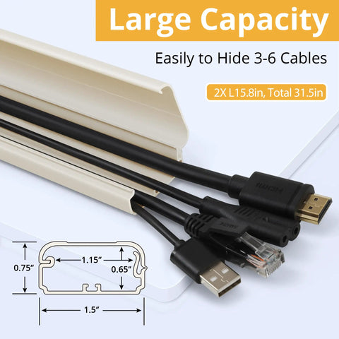 Wall Cord Cover Kit For TV Setup, 32 Inch Long Paintable Cable Concealer To Hide Wires, beige raceway showing cable capacity