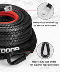 Beefy Heavy Duty Synthetic Winch Rope Three Eighths Inch By Ninety Two Feet 25500 Lbs Break Strength Braided UHMWPE Gray For Off Road Jeeps ATVs UTVs And Trucks Under Eight Thousand Five Hundred Lbs with terminal lug and tube thimble