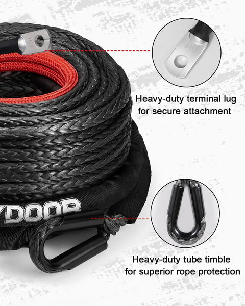 Beefy Heavy Duty Synthetic Winch Rope Three Eighths Inch By Ninety Two Feet 25500 Lbs Break Strength Braided UHMWPE Gray For Off Road Jeeps ATVs UTVs And Trucks Under Eight Thousand Five Hundred Lbs with terminal lug and tube thimble
